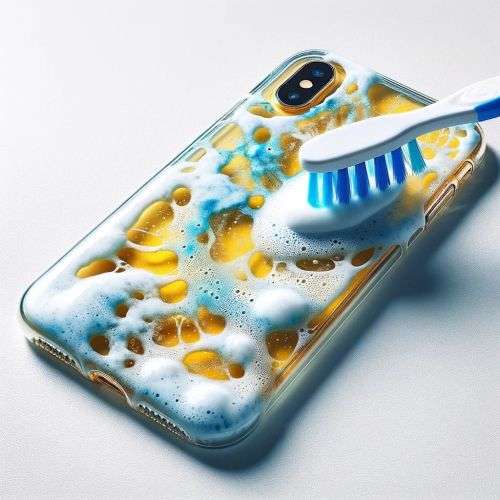 yellowed-clear-phone-case-being-cleaned-with-a-toothbrush-and-paste yellowed clear phone case being cleaned with a toothbrush and paste